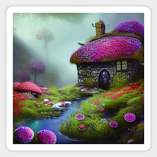 Sparkling Fantasy Cottage with Lights and Glitter Background in Forest, Scenery Nature Magnet